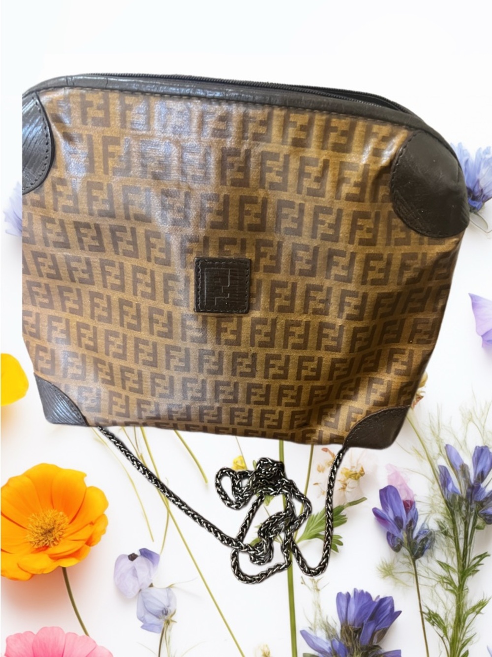 💯 %Authentic Fendi Zucca Canvas FF Monogram Crossbody in Tan and Dark Brown